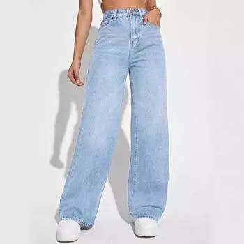 Женские джинсы однотонные прямые брюки из денима с высокой талией L синий