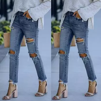 Женские джинсы, однотонные синие джинсовые брюки с рваными карманами