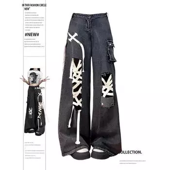 Женские джинсы оверсайз в стиле хип-хоп, модная винтажная уличная одежда Y2K, широкие джинсы с высокой талией, 2024, брюки бойфренда, мешковатые джинсовые брюки S чёрный
