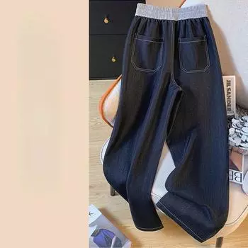 Женские джинсы Plate-size на весну и лето Свободные и утягивающие повседневные брюки прямого кроя Джинсовые брюки свободного кроя с широкими штанинами L джинсовый синий