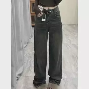 Женские джинсы Plus Size с высокой талией и широкими штанинами в стиле ретро — весенняя коллекция 2024 г. S