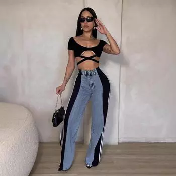 Женские джинсы повседневные с высокой посадкой стрейч вставки прямые брюки L чёрный