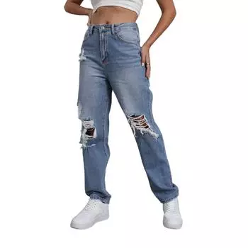 Женские джинсы прямого кроя - Джинсовые брюки с высокой посадкой и облегающего кроя L синий