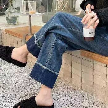 Женские джинсы прямого кроя с высокой талией, необработанным краем и ретро-строчкой для фигуры типа «груша» — осень/зима 2023 г. M синий