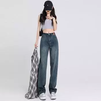 Женские джинсы прямого кроя с высокой талией и широкими штанинами в стиле ретро-корейского покроя, большого размера L