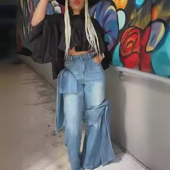 Женские джинсы прямого кроя с высокой талией 2024 года выпуска - повседневный стиль с эффектом стирки Extra Large синий