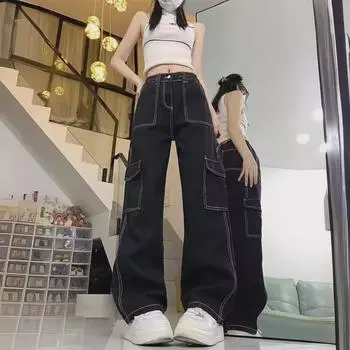 Женские джинсы прямого кроя с высокой талией и широкими штанинами — коллекция Весна/Осень 2024 L чёрный