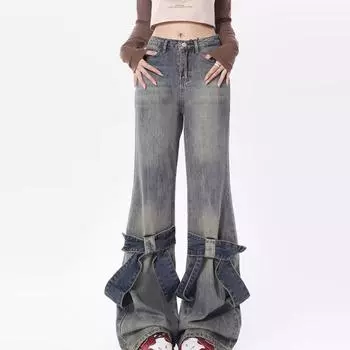 Женские джинсы прямого кроя с завышенной талией и потертостями в стиле ретро с американским бантом L синий
