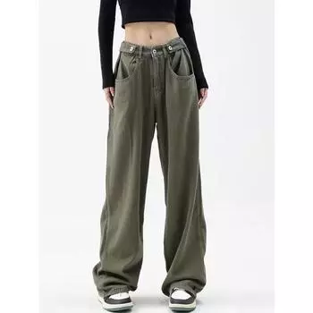 «Женские джинсы прямого кроя в стиле Гонконга, осень 2022 г., свободные брюки с регулируемой средней талией и широкими штанинами» 3XL зелёный