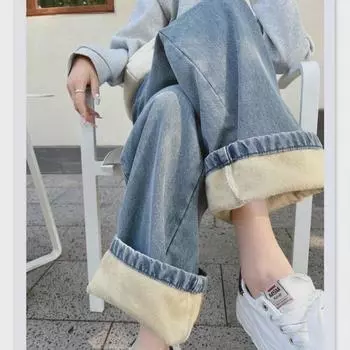 Женские джинсы прямого покроя из бархата с высокой талией — облегающие, в стиле ретро, свободного кроя с драпировкой XS (70-84cm)