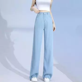 Женские джинсы прямые эластичные с высокой талией однотонные застежка на молнию пуговицы карманы широкие штанины полная длина эластичные для поездок на работу свиданий S XXL