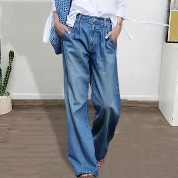 Женские джинсы, прямые однотонные рваные карманы, широкая застежка-молния на пуговицах, высокая талия, полная длина S синий