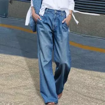 Женские джинсы, прямые, с высокой талией, однотонные, с рваными пуговицами, на молнии, с карманами, с широкими штанинами, во всю длину, эластичные, для поездок на работу, для свиданий, для покупок, длинные 2XL синий
