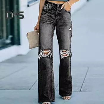 Женские джинсы, прямые, с высокой талией, с рваными отверстиями, сплошной цвет, на пуговицах, на молнии, с карманами, с широкими штанинами, во всю длину, для поездок на работу, для свиданий, для покупок, длинные брюки XL черный серый