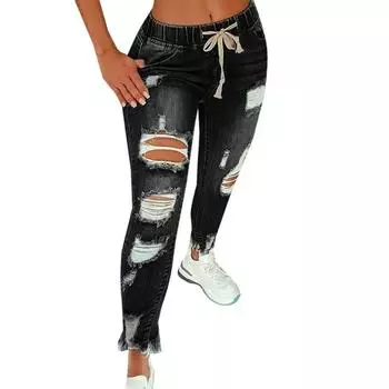 Женские джинсы с эластичной резинкой на талии и рваными тонкими женскими джинсовыми повседневными брюками 5XL чёрный