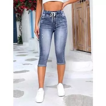 Женские джинсы с эластичной резинкой на талии, рваные джинсы с высокой талией Женские джинсы с высокой эластичной резинкой XXL чёрный