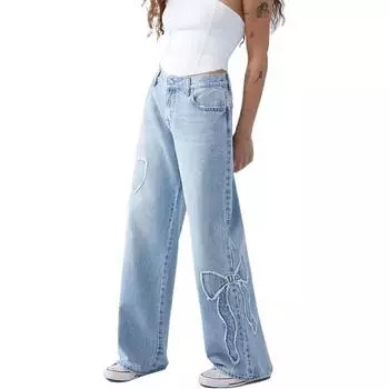 Женские джинсы с бантом и высокой талией, джинсовые брюки, прямые повседневные мешковатые брюки XS светло-синий