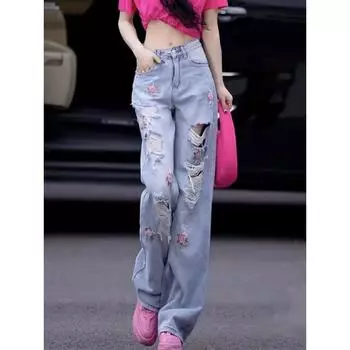 Женские джинсы с цветочной вышивкой, джинсовые брюки с рваными отверстиями, модные повседневные корейские свободные прямые уличные брюки для бойфренда, винтажный стиль y2k в стиле Харадзюку M синий