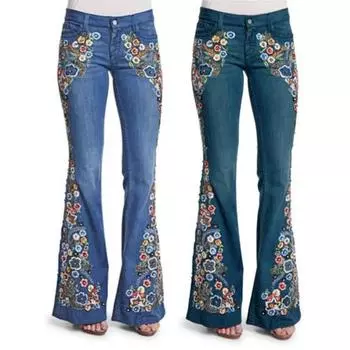 Женские джинсы с цветочной вышивкой, расклешенные, с застежкой-молнией на пуговицы, с карманами, средней талией, большие размеры, длинные брюки для свиданий, повседневной носки, поездок на работу S светло-синий