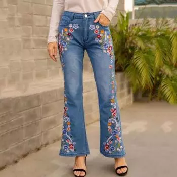 Женские джинсы с цветочной вышивкой, расклешенные, с застежкой-молнией на пуговицы, с карманами, средней талией, большие размеры, длинные брюки для свиданий, повседневной носки, поездок на работу S темно-синий
