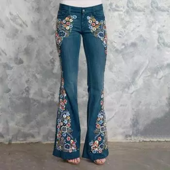 Женские джинсы с цветочной вышивкой, расклешенные, с застежкой-молнией на пуговицы и карманами средней длины S темно-синий