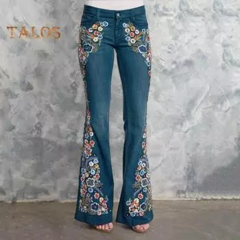 Женские джинсы с цветочной вышивкой, расклешенные, с застежкой-молнией на пуговицы, с карманами, средней талией, большие размеры, длинные брюки для свиданий, повседневной носки, поездок на работу S светло-синий