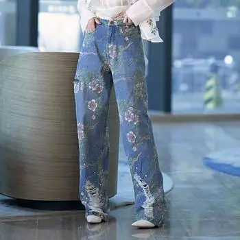 Женские джинсы с цветочным принтом и рваными дырками, модные повседневные брюки больших размеров, свободные прямые винтажные брюки для бойфренда y2k S