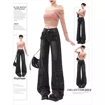 Женские джинсы с градиентом, новинка 2023 года, уличная одежда в стиле Харадзюку, свободные джинсы с низкой посадкой, винтажные брюки-карго полной длины с несколькими карманами S темно серый