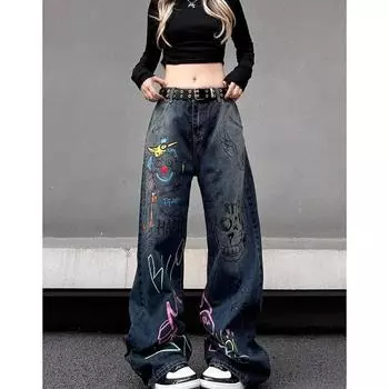 Женские джинсы с граффити Мешковатые джинсовые брюки Harajuku Y2k с высокой талией Эстетические джинсовые брюки 90-х годов Винтажная дрянная одежда 2000-х годов 2024 XS синий