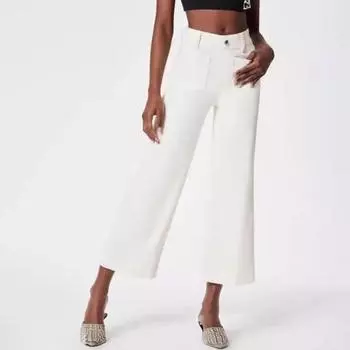 Женские джинсы с карманами, эластичные, с высокой талией, прямые, широкие, однотонные, длиной до щиколотки, брюки с пуговицами для ежедневных поездок на работу M