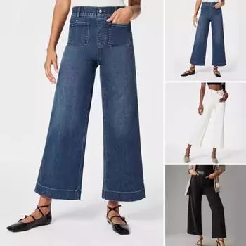 Женские джинсы с карманами, эластичные, с высокой талией, прямые, широкие, однотонные, длиной до щиколотки, брюки с пуговицами для ежедневных поездок на работу S