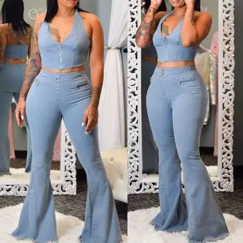 Женские джинсы с карманами на молнии и пуговицами, повседневные джинсовые расклешенные брюки, сексуальный комплект, топы, брюки, костюм S синий