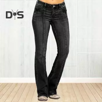 Женские джинсы с карманами на средней талии и застежкой-молнией на пуговицах в стиле ретро, стираные расклешенные подолы, облегающие цветные женские длинные брюки полной длины 2XL чёрный