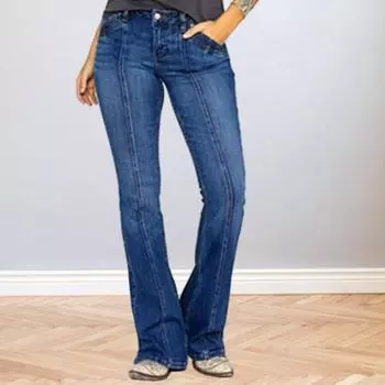 Женские джинсы с карманами на средней талии и застежкой-молнией на пуговицах в стиле ретро, стираные расклешенные подолы, облегающие цветные женские длинные брюки полной длины 2XL чёрный