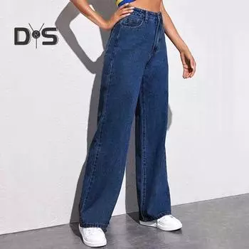 Женские джинсы с карманами, застежка-молния на пуговицу с высокой талией, прямые брюки, однотонные, в винтажном американском стиле, джинсовые брюки для повседневной носки, Scool L темно-синий