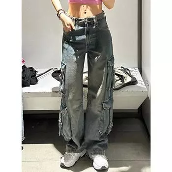 Женские джинсы с карманом на боковом ремне, технологичная одежда бойфренда, мешковатые свободные широкие прямые повседневные джинсовые брюки @ harajuku y2k, ткань в стиле хип-хоп XS синий