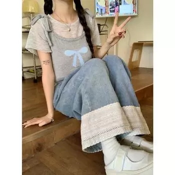 Женские джинсы с кружевным подолом Бело-синие контрастные джинсовые брюки Свободные прямые брюки #korean y2k ткань e-girl Fairycore 2000s Grunge S