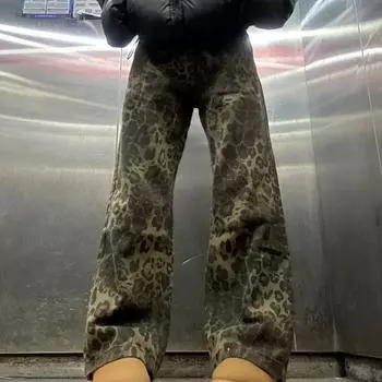 Женские джинсы с леопардовым принтом в стиле ретро, осенне-зимняя мода, широкие брюки с высокой талией и свободными карманами, повседневные брюки для улицы S леопардовый