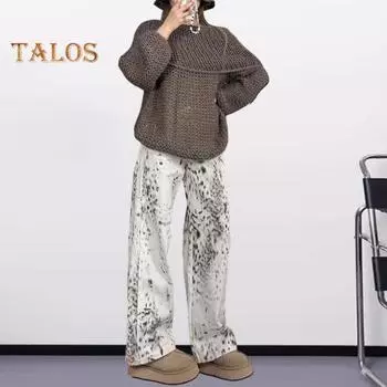 Женские джинсы с нерегулярным леопардовым принтом, широкие брюки, свободные боковые карманы, застежка-молния на пуговицах, длина до пола, уличная одежда в стиле ретро, джинсовые брюки M белый