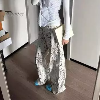Женские джинсы с нерегулярным леопардовым принтом, широкие брюки, свободные боковые карманы, застежка-молния на пуговицах, длина до пола, уличная одежда в стиле ретро, джинсовые брюки M белый