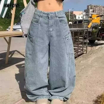 Женские джинсы с полосатым дизайном и большими карманами на весну и осень, молодежные персонализированные винтажные широкие брюки 3XL джинсовый синий