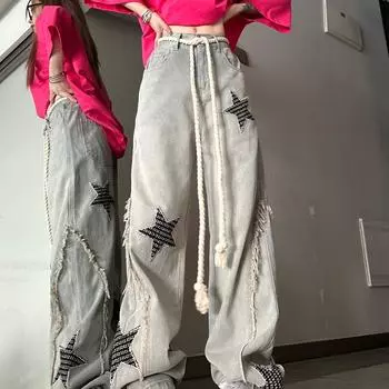 Женские джинсы с пятиконечной звездой, повседневные длинные брюки, широкие брюки с высокой талией