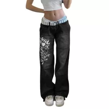 Женские джинсы с принтом Harajuku с цветочным принтом, винтажная эстетика, мешковатые прямые брюки, повседневные наряды в стиле гранж, брюки, уличная одежда 2000 года S чёрный