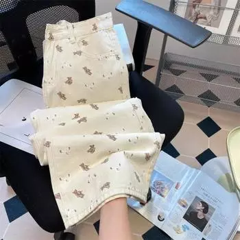 Женские джинсы с принтом «Маленький медведь», летние свободные повседневные прямые широкие брюки с высокой талией в стиле «американский ретро» S