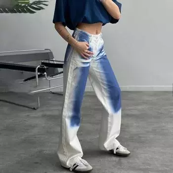 Женские джинсы с принтом тай-дай, широкие брюки, брюки-багги на пуговицах, большие размеры, белые, синие, хип-хоп, ретро, уличная одежда S белый/синий