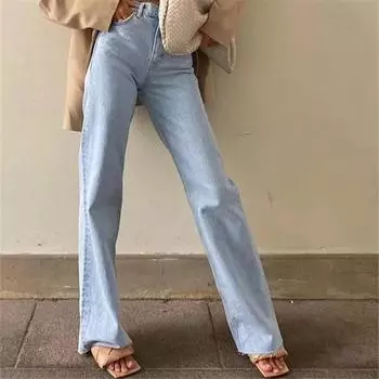 Женские джинсы с прямыми штанинами, джинсовая нижняя часть, Harajuku, длинные мешковатые джинсы с высокой талией, осенние брюки XS светло-синий
