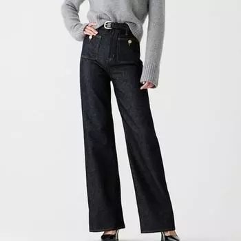 Женские джинсы с расклешенным подолом, прямые эластичные однотонные свободные широкие брюки с высокой талией, повседневные брюки с несколькими карманами, декор на пуговицах, уличная одежда, джинсовые брюки L синий