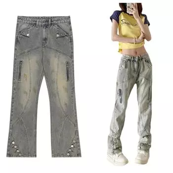 Женские джинсы с расклешенными брюками на молнии с несколькими пуговицами, легкие джинсовые брюки с заниженной талией y2k, 2023, технологичная одежда больших размеров в стиле хип-хоп S синий