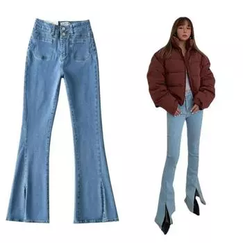 Женские джинсы с расклешенными брюками с разрезами, легкие джинсовые брюки-клеш y2k с высокой талией, 2023, элегантная одежда, облегающие эластичные брюки XS темно-синий