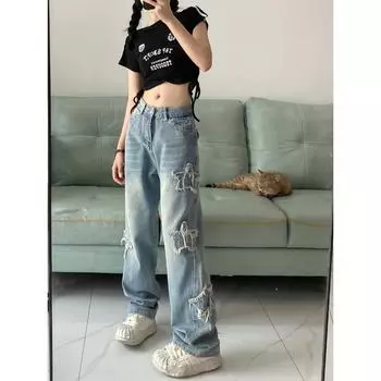 Женские джинсы с рваной кисточкой и вышивкой, звезды, коричневые, синие, джинсовые брюки, уличная одежда бойфренда в стиле Харадзюку, летняя одежда y2k с высокой талией S синий